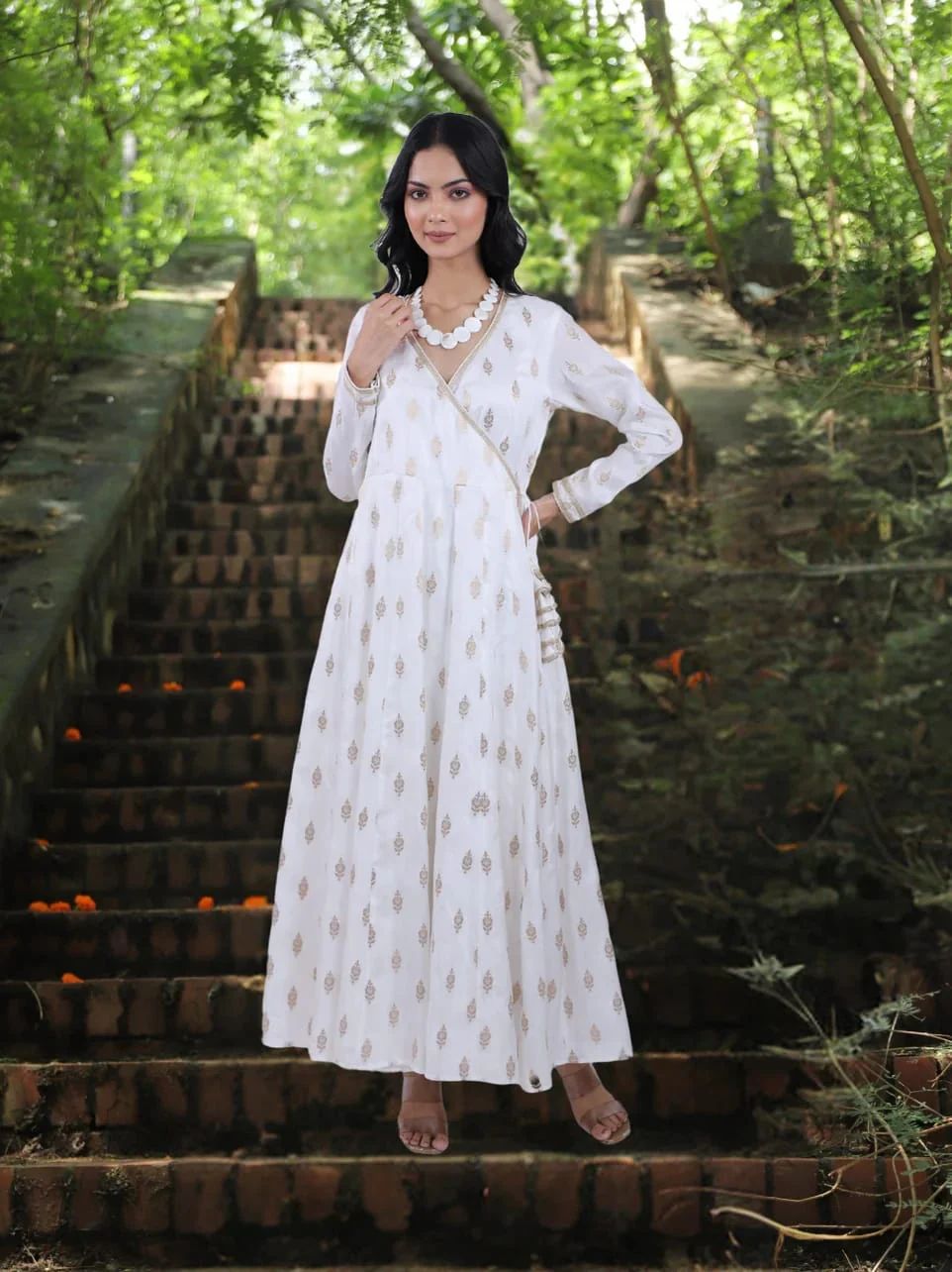 Stunningly Beautiful White  Gold Toned Ethnic Motifs Printed Angrakha Styled Flared Anarkali